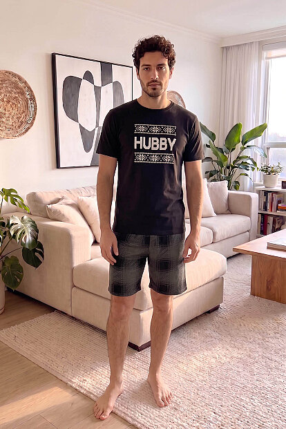 Siyah Hubby Şortlu Sevgili Aile Pijaması - Erkek Takımı - 6