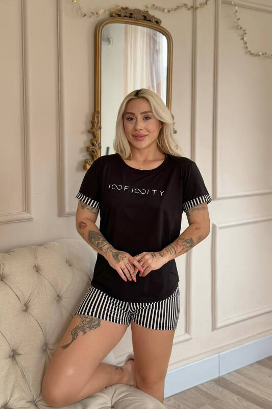 Siyah İnfinity Desenli Bambu Kısa Kol Şortlu Kadın Pijama Takımı - Pijamaevi (1)