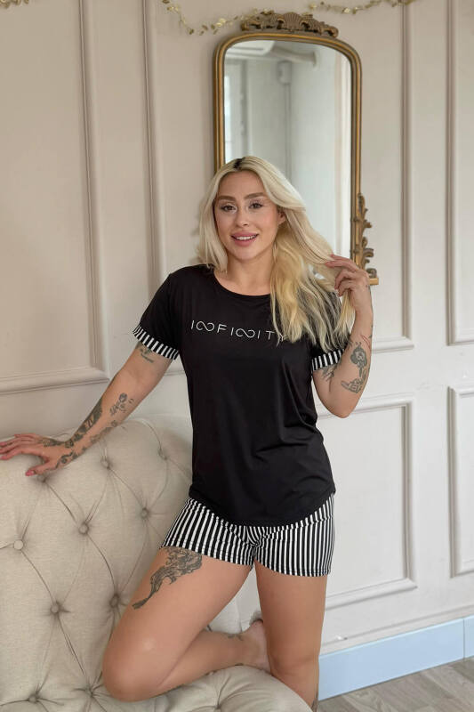 Siyah İnfinity Desenli Bambu Kısa Kol Şortlu Kadın Pijama Takımı - Pijamaevi (2)