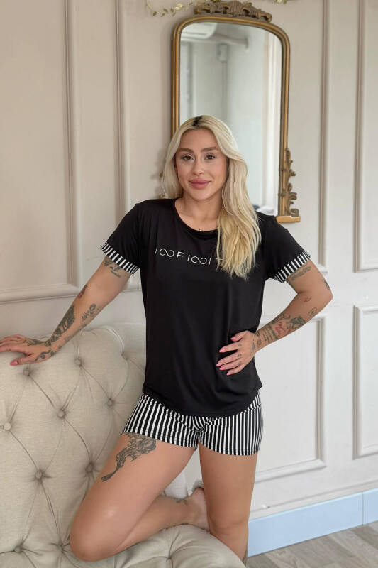 Siyah İnfinity Desenli Bambu Kısa Kol Şortlu Kadın Pijama Takımı - Pijamaevi (3)