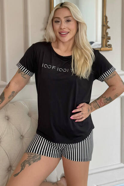 Siyah İnfinity Desenli Bambu Kısa Kol Şortlu Kadın Pijama Takımı - 6