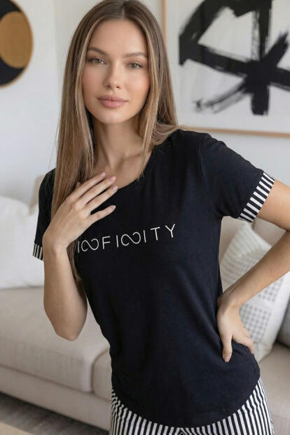 Siyah İnfinity Desenli Bambu Kısa Kol Şortlu Kadın Pijama Takımı - 2