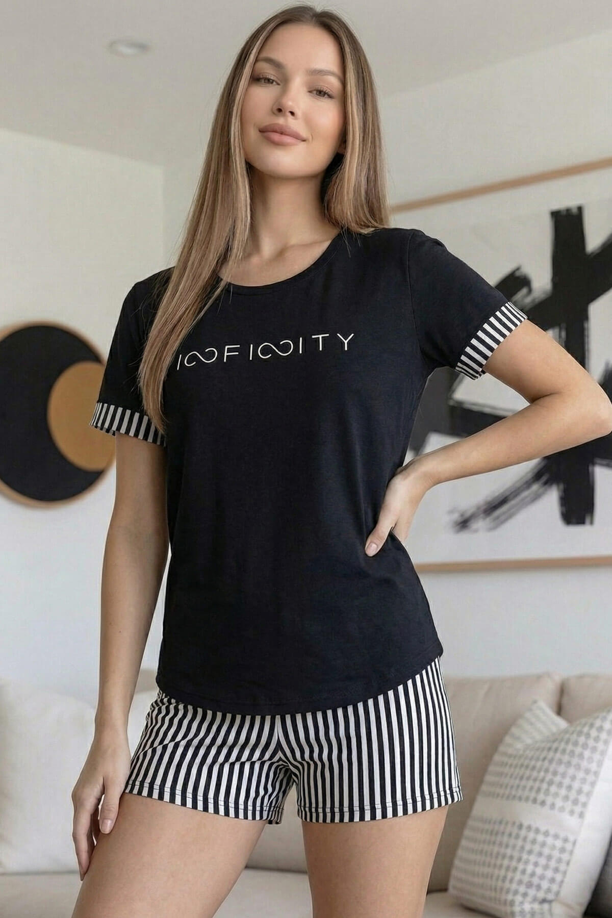 Siyah İnfinity Desenli Bambu Kısa Kol Şortlu Kadın Pijama Takımı - Pijamaevi (2)