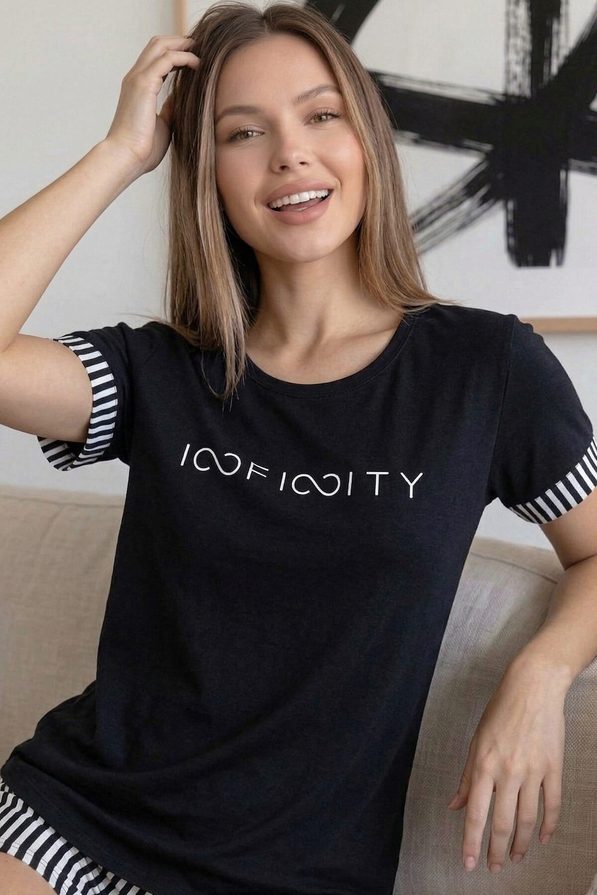 Siyah İnfinity Desenli Bambu Kısa Kol Şortlu Kadın Pijama Takımı - Pijamaevi (3)