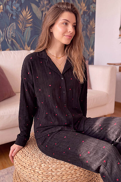 Siyah Jantung Desenli Önden Düğmeli Peluş Polar Pijama Takımı - 3