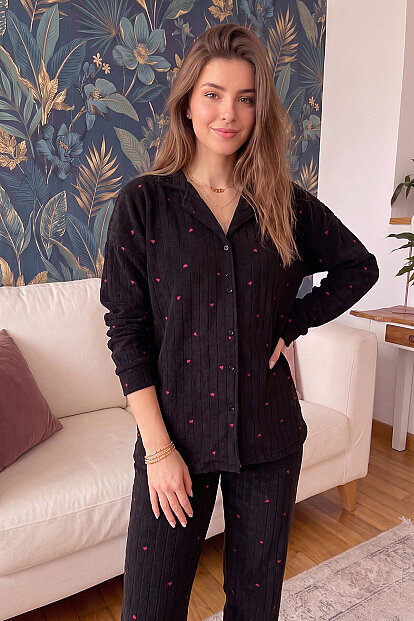Siyah Jantung Desenli Önden Düğmeli Peluş Polar Pijama Takımı - 6
