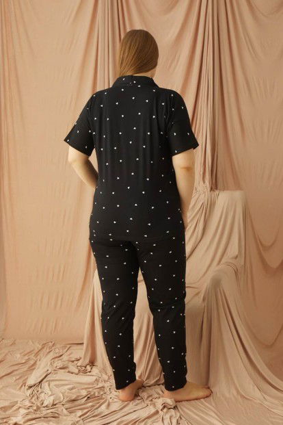 Siyah Kalp Desenli Önden Düğmeli Büyük Beden Battal Pijama - 3