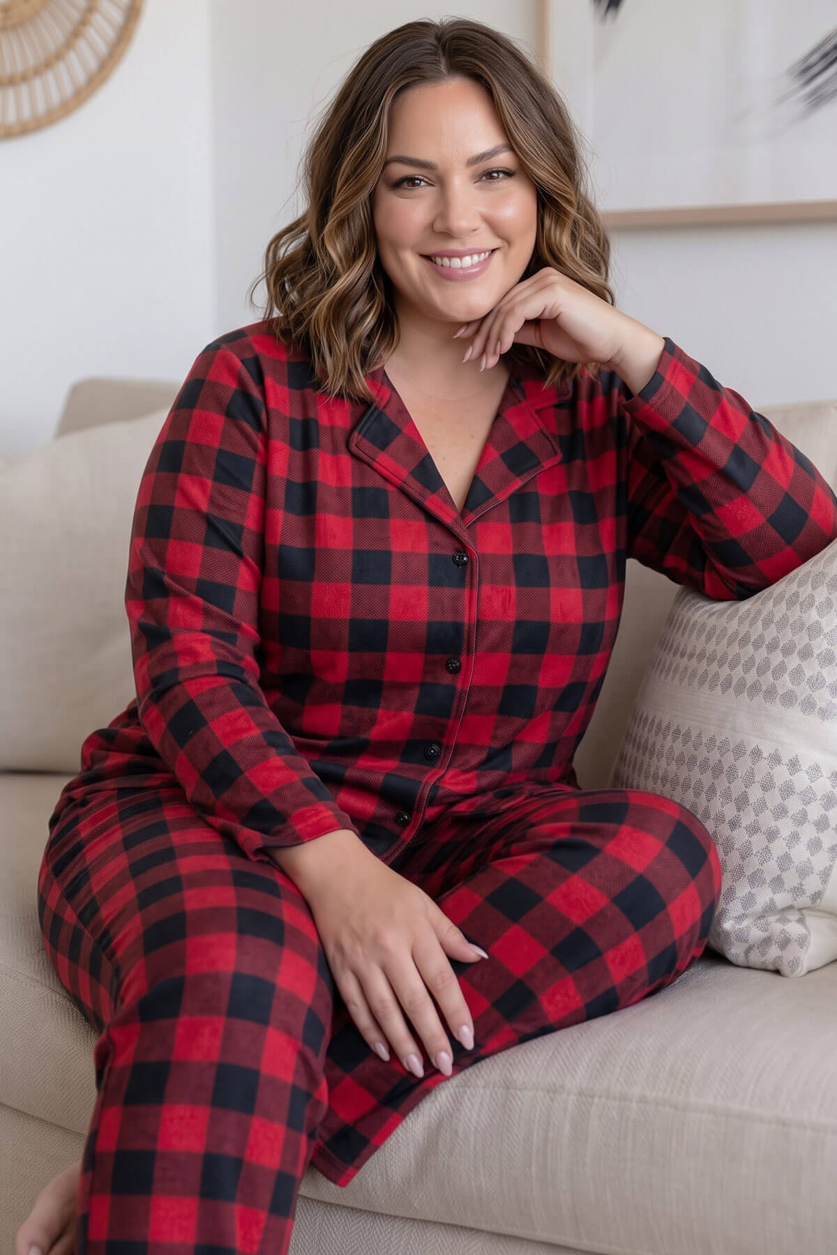 Siyah Kırmızı Cuore Önden Düğmeli Battal Büyük Beden Süet Kadın Pijama Takımı  - Pijamaevi