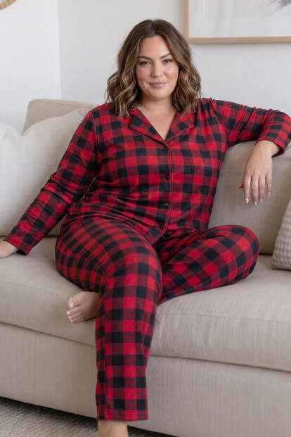 Siyah Kırmızı Cuore Önden Düğmeli Battal Büyük Beden Süet Kadın Pijama Takımı  - 3