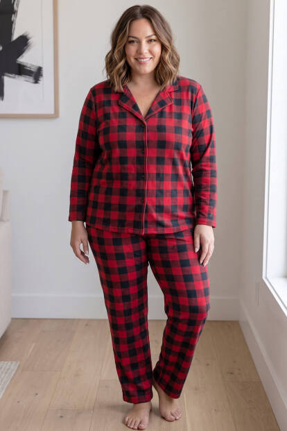 Siyah Kırmızı Cuore Önden Düğmeli Battal Büyük Beden Süet Kadın Pijama Takımı  - 5