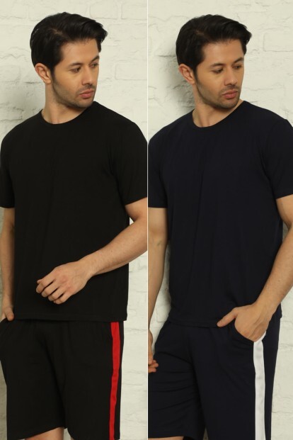 Siyah-Lacivert Erkek Basic Slim Fit 2'li Paket Pijama Üstü - 8