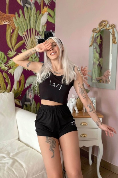 Siyah Lazy Baskılı Crop Örme İp Askı Şortlu Pijama Takımı - 2