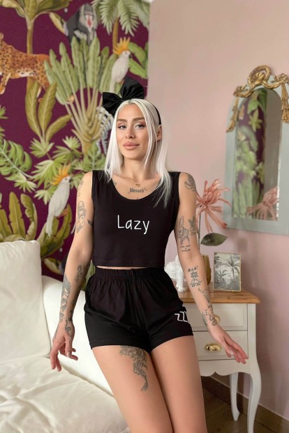 Siyah Lazy Baskılı Crop Örme İp Askı Şortlu Pijama Takımı - 3