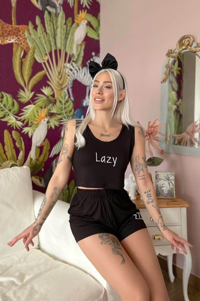 Siyah Lazy Baskılı Crop Örme İp Askı Şortlu Pijama Takımı - 4