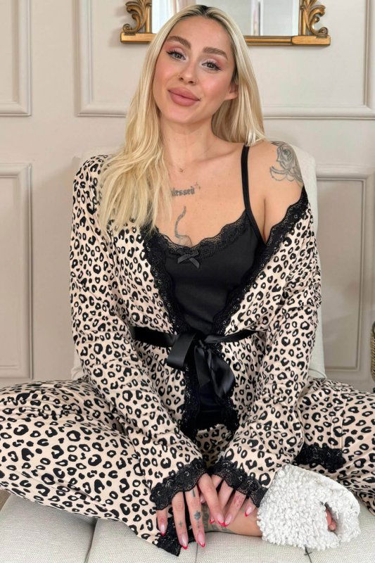 Siyah Leopar Desenli Bambu Sabahlıklı Kadın Pijama Takımı - Pijamaevi