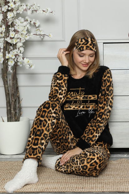 Siyah Leopar Desenli Kadın Peluş Pijama Takımı - 1