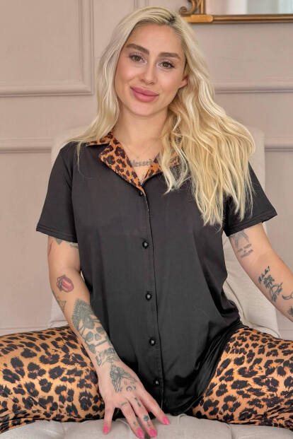 Siyah Leopard Luxe Exclusive Önden Düğmeli Kadın Pijama Takımı 