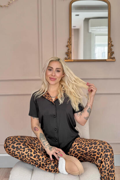 Siyah Leopard Luxe Exclusive Önden Düğmeli Kadın Pijama Takımı - 2