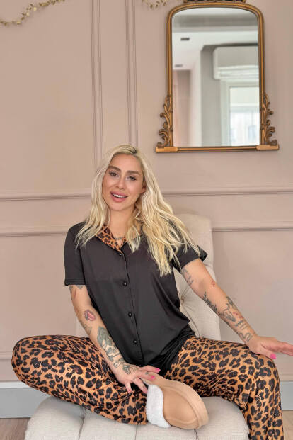 Siyah Leopard Luxe Exclusive Önden Düğmeli Kadın Pijama Takımı - 3