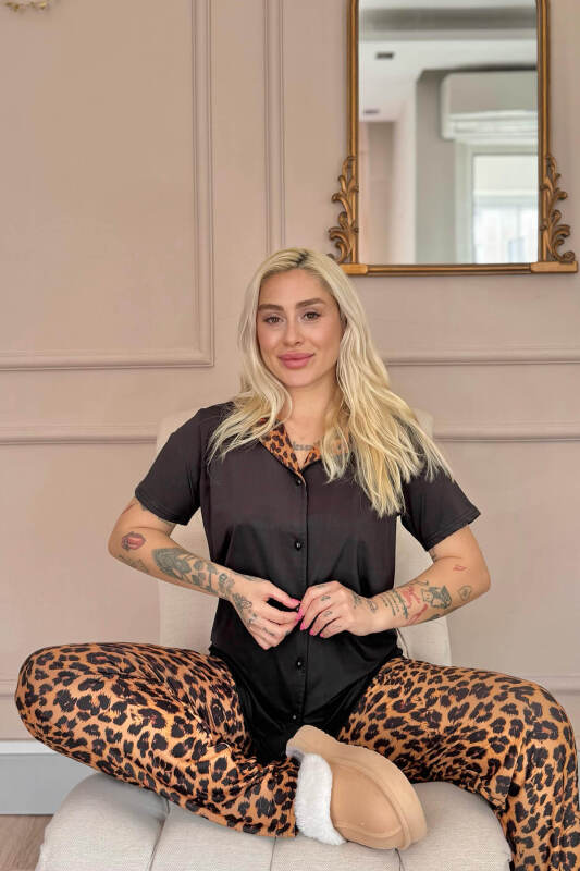 Siyah Leopard Luxe Exclusive Önden Düğmeli Kadın Pijama Takımı - Pijamaevi (3)