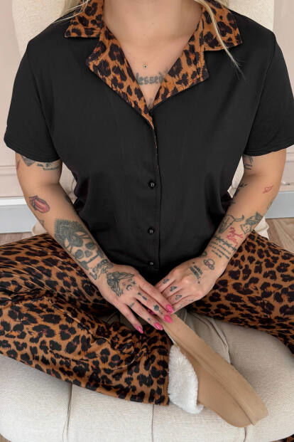 Siyah Leopard Luxe Exclusive Önden Düğmeli Kadın Pijama Takımı - 5