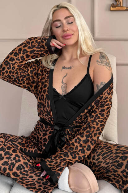 Siyah Leopard Luxe Exclusive Örme Sabahlıklı Kadın Pijama Takım - 7