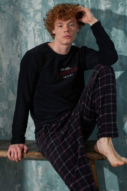 Siyah Limited Desenli Polar Erkek Pijama Takımı - 1