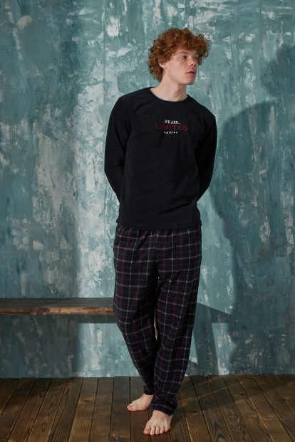 Siyah Limited Desenli Polar Erkek Pijama Takımı - 4