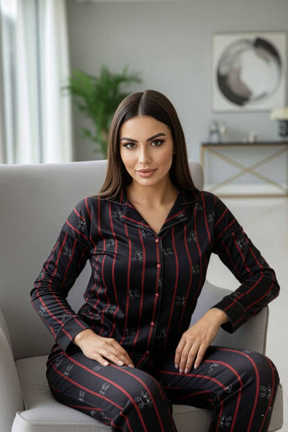 Siyah Lineo Desenli Exclusive Önden Düğmeli Kadife Kadın Pijama Takımı - 3