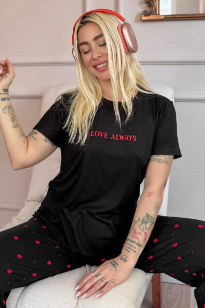 Siyah Love Desenli Bambu Kısa Kol Kadın Pijama Takımı - 1