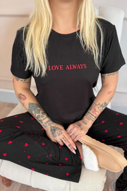 Siyah Love Desenli Bambu Kısa Kol Kadın Pijama Takımı - 5