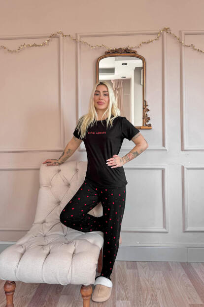 Siyah Love Desenli Bambu Kısa Kol Kadın Pijama Takımı - 6