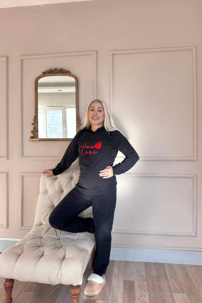 Siyah Love Desenli Kapşonlu Peluş Polar Pijama Takımı - 5