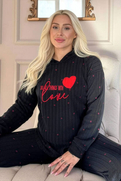 Siyah Love Desenli Kapşonlu Peluş Polar Pijama Takımı - 6