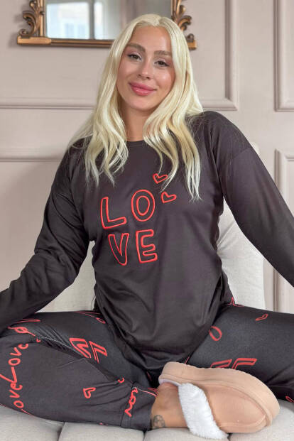 Siyah Love Desenli Termal Kadın Pijama Takımı 