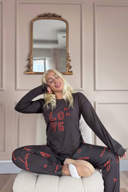 Siyah Love Desenli Termal Kadın Pijama Takımı - 2