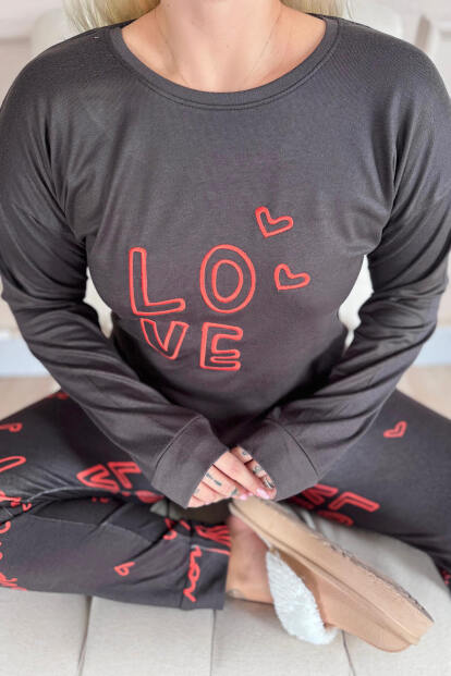 Siyah Love Desenli Termal Kadın Pijama Takımı - 5