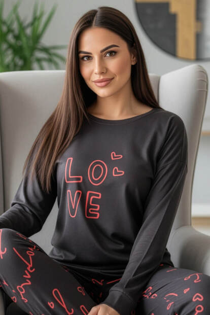 Siyah Love Desenli Termal Kadın Pijama Takımı - 1