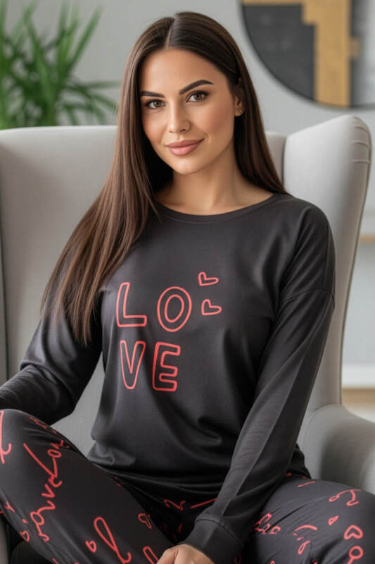 Siyah Love Desenli Termal Kadın Pijama Takımı - Pijamaevi