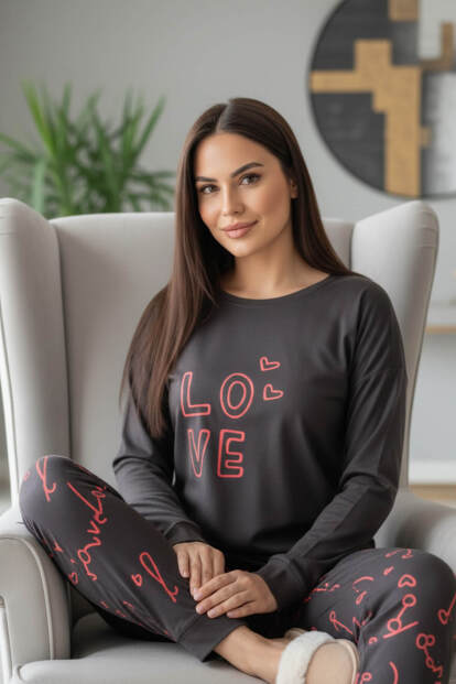 Siyah Love Desenli Termal Kadın Pijama Takımı - 2