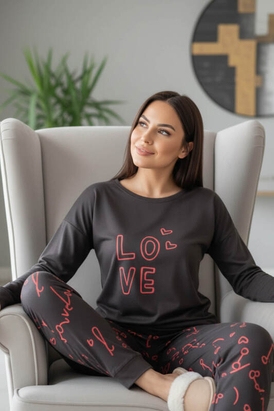 Siyah Love Desenli Termal Kadın Pijama Takımı - Pijamaevi (2)
