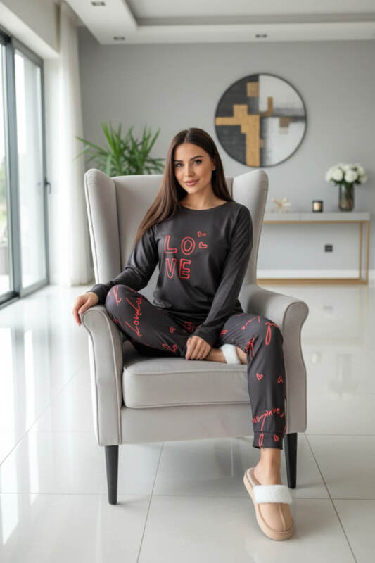 Siyah Love Desenli Termal Kadın Pijama Takımı - Pijamaevi (3)