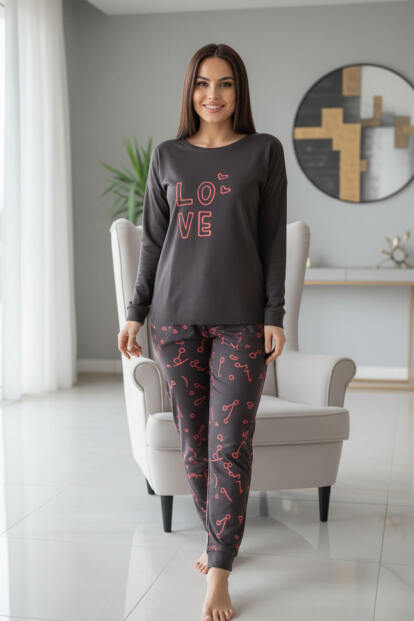 Siyah Love Desenli Termal Kadın Pijama Takımı - 5