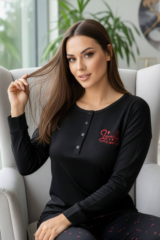 Siyah Lovely Little Girl Dream Desenli Uzun Kollu Bambu Örme Kadın Pijama Takımı - Pijamaevi (2)