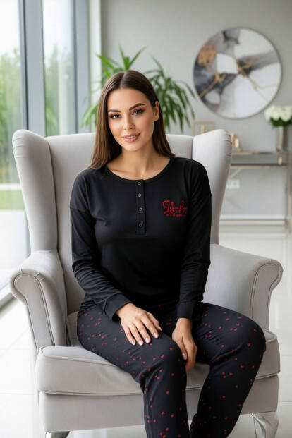 Siyah Lovely Little Girl Dream Desenli Uzun Kollu Bambu Örme Kadın Pijama Takımı - 4