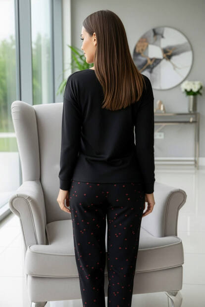 Siyah Lovely Little Girl Dream Desenli Uzun Kollu Bambu Örme Kadın Pijama Takımı - 6