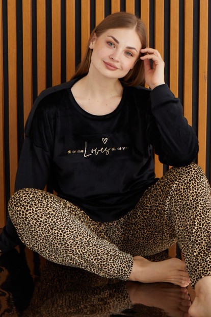 Siyah Loves All Desenli Exclusive Kadife Battal Kadın Pijama Takımı  - 1
