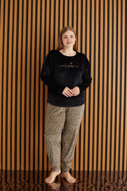 Siyah Loves All Desenli Exclusive Kadife Battal Kadın Pijama Takımı  - 3