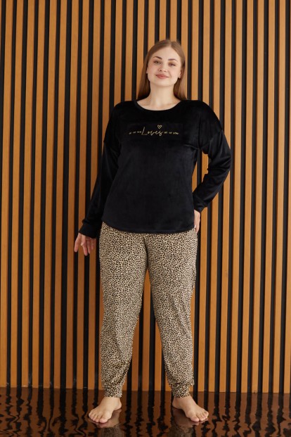Siyah Loves All Desenli Exclusive Kadife Battal Kadın Pijama Takımı  - 4