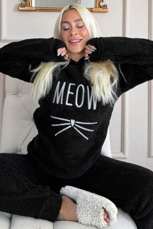 Siyah Meow Desenli Tam Peluş Pijama Takımı - Pijamaevi